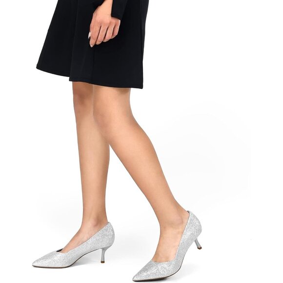 Women's Silver Pumps 2 inch Kitten Heel Pointed Toe Low Heel Dress Shoes - Picture 6 of 7